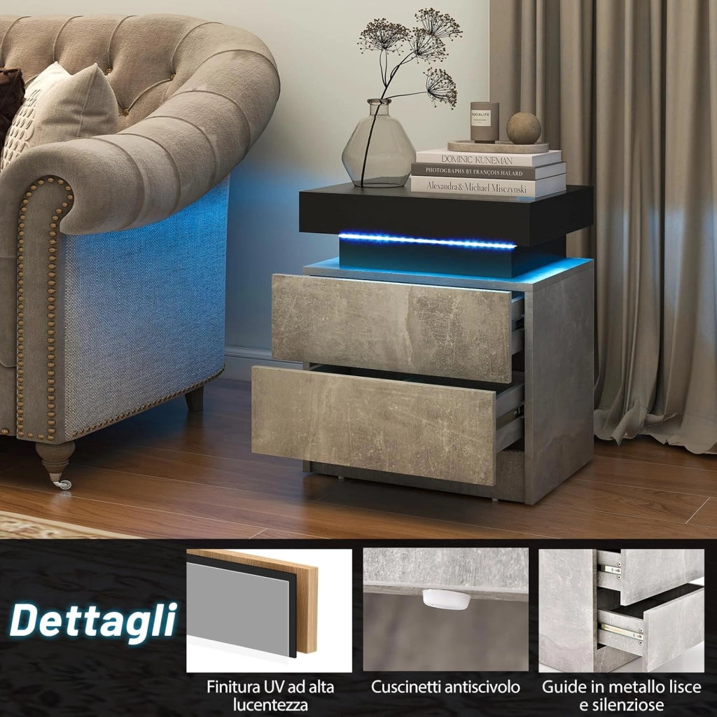Tavolino da Salotto con 2 Cassetti e Luci a LED, Tavolino Moderno con Finitura Lucida Effetto Marmo, Comodino per Camera da Letto e Soggiorno, 45 x 35 x 52 cm (Grigio)