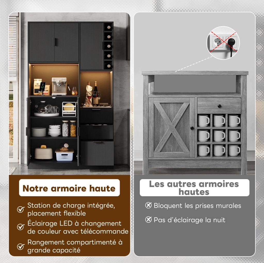 Mobile da cucina 105x40x180 cm con 3 cassetti; LED multicolore e prese USB-C; nero