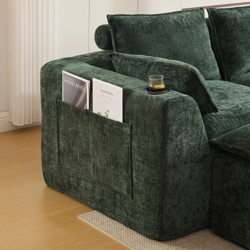 Divano modulare 3 posti con pouf tasche laterali e cuscini imbottitura in schiuma e molle insacchettate ciniglia verde