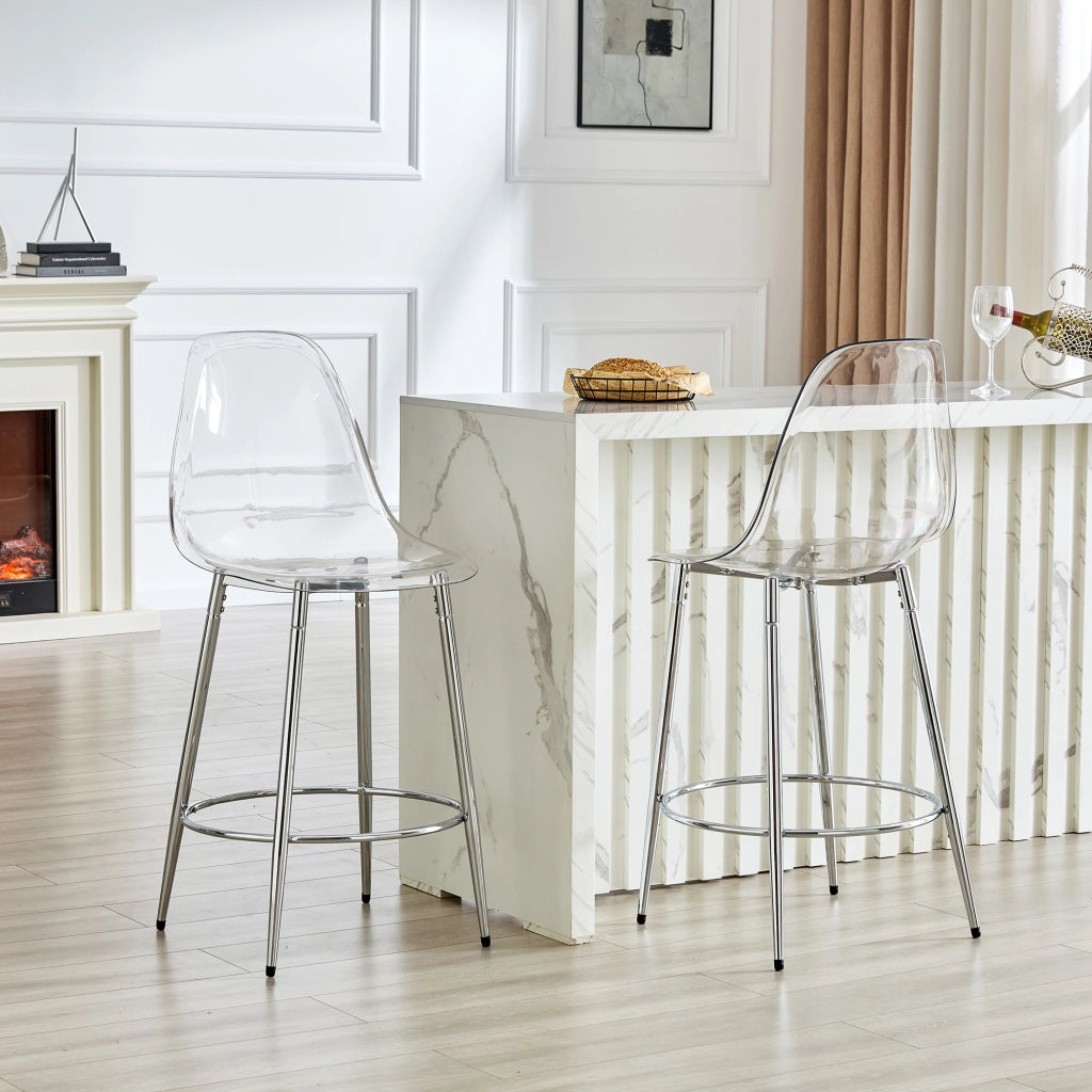 Sgabello da bar trasparente set di 2 con schienale ergonomico e struttura in metallo, effetto leggero argento