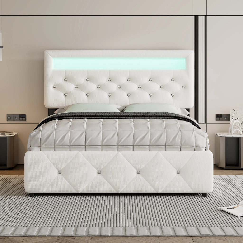 LETTO imbottito 140x200 cm Bianco con letto estraibile e 2 cassetti
