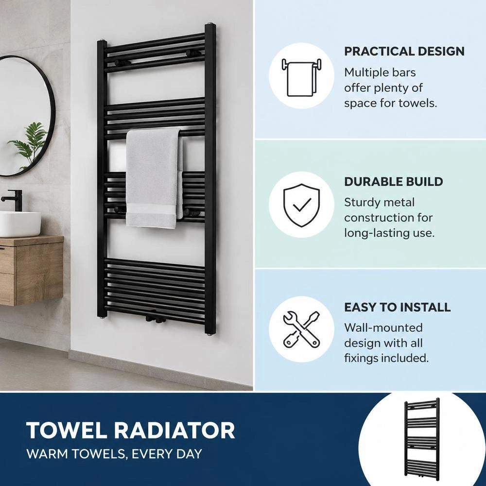 Towel Radiator, Hot Water, Straight, Black, 600x1160 Mm