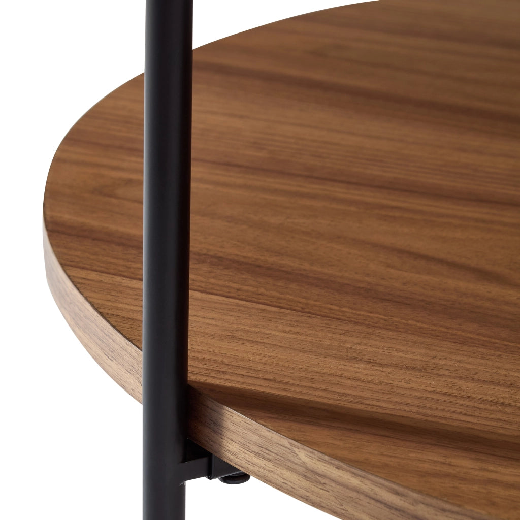 Tavolino basso con piano a due livelli e gambe in metallo, in legno massello e MDF, noce, per soggiorno, 44 × 44 × 48 cm