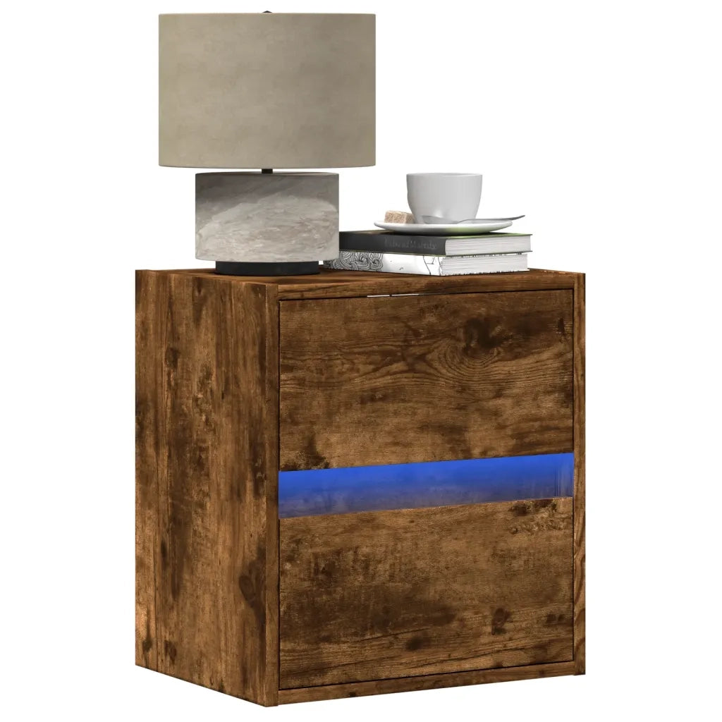 Comodino a Parete con Luci LED-Tavolino da notte sospeso Rovere Fumo 720806