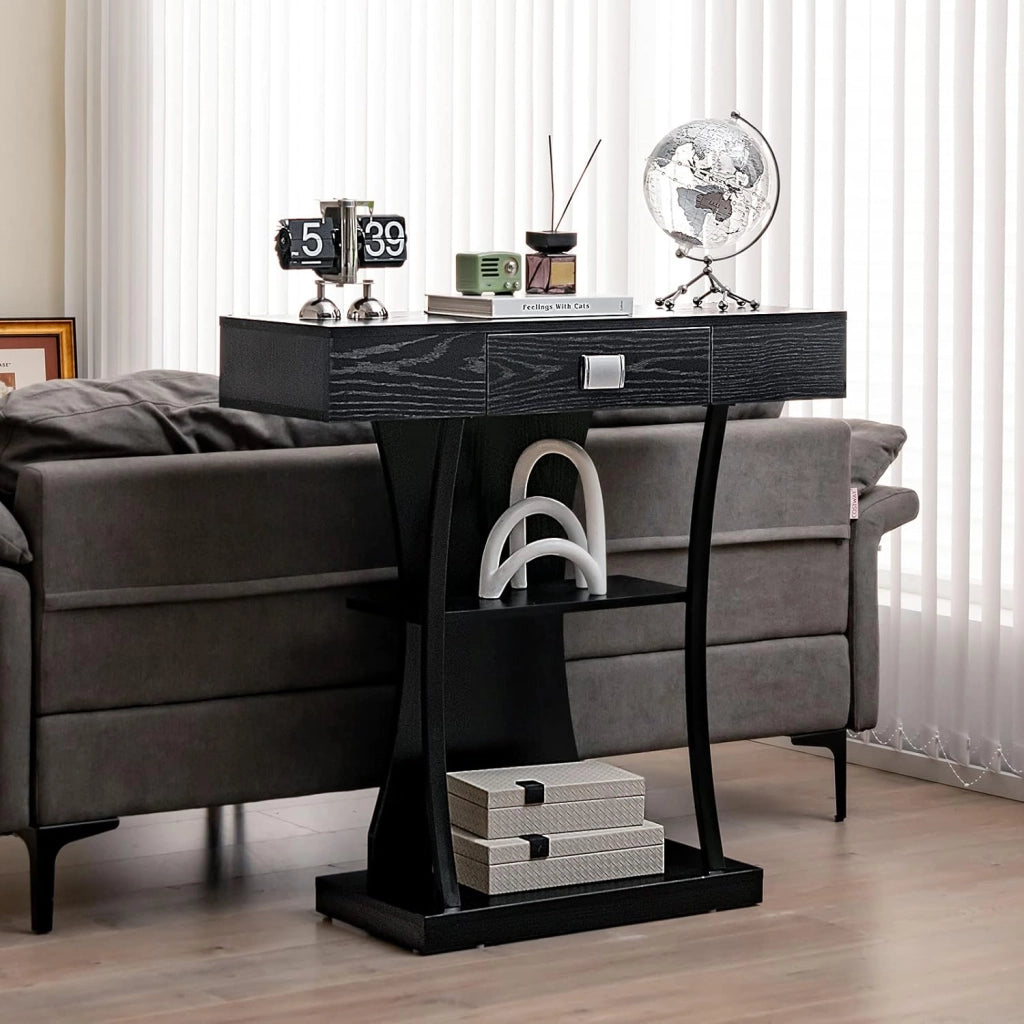 Tavolo consolle in legno vintage con cassetti e 2 ripiani, tavolo da pavimento industriale con telaio in metallo, tavolino sottile con protezione antiribaltamento, 91 x 30 x 88 cm (nero)