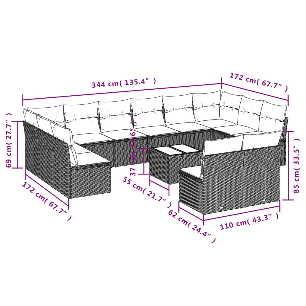 Set Divano da Giardino 13 pz con Cuscini Beige in Polyrattan