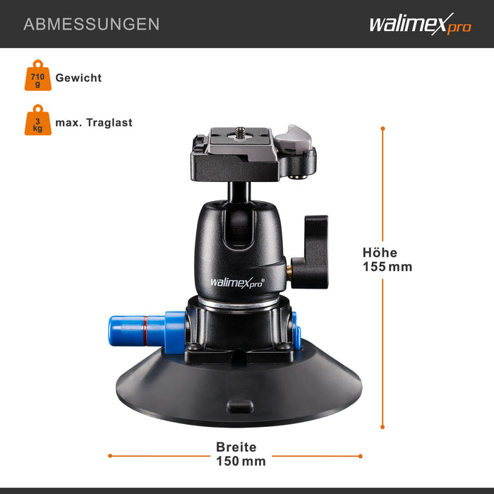Walimex Pro treppiede a ventosa incl. testa a sfera per fotocamere di sistema e DSLR, 20317, nero, blu