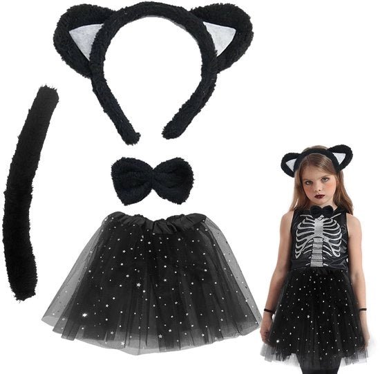 Costume per bambina da gatto - Set di cosplay con coda, tutu e gonna - Costume da Halloween - Attrezzo per giochi di ruolo - Costume per bambina da animale