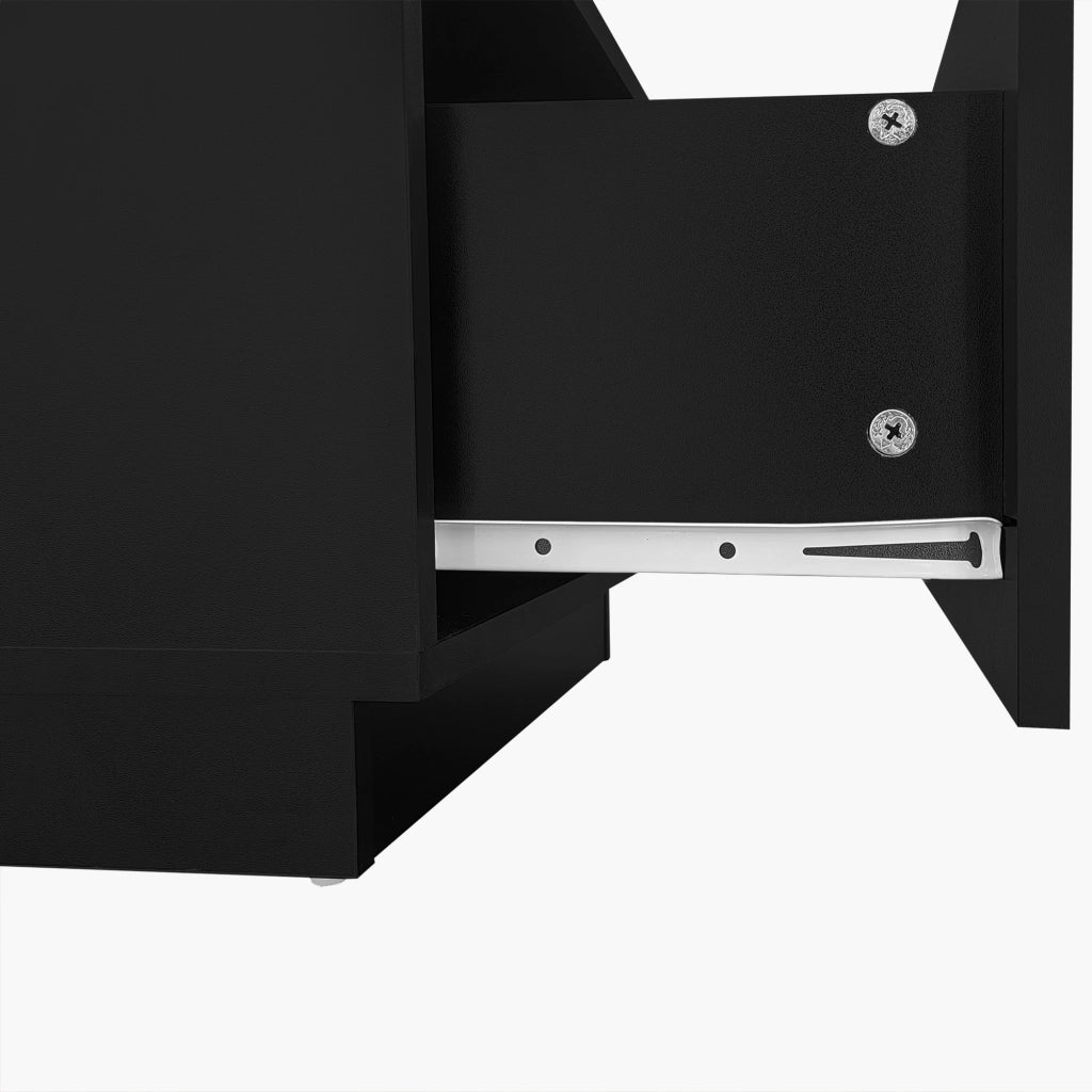 Tavolino basso con LED e controllo app 2 cassetti 1 vano aperto piano in vetro nero 100 × 50 × 35,5 cm