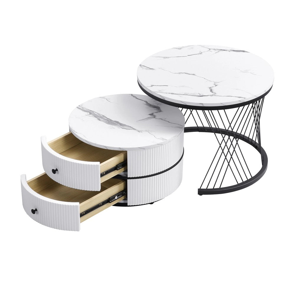 Set 2 Tavolini da Caff¨¨ Rotondi ¨C MINIMAL ¨C Bianco Lucido Effetto Marmo, 2 Cassetti, 60x60x46 e 50x50x31
