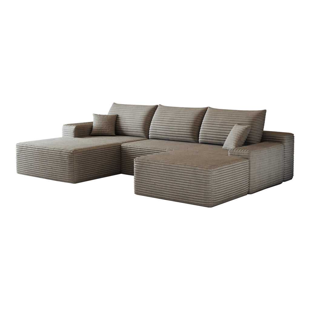 Divano angolare modulare - con chaise longue e seduta profonda - in tessuto a coste - camel