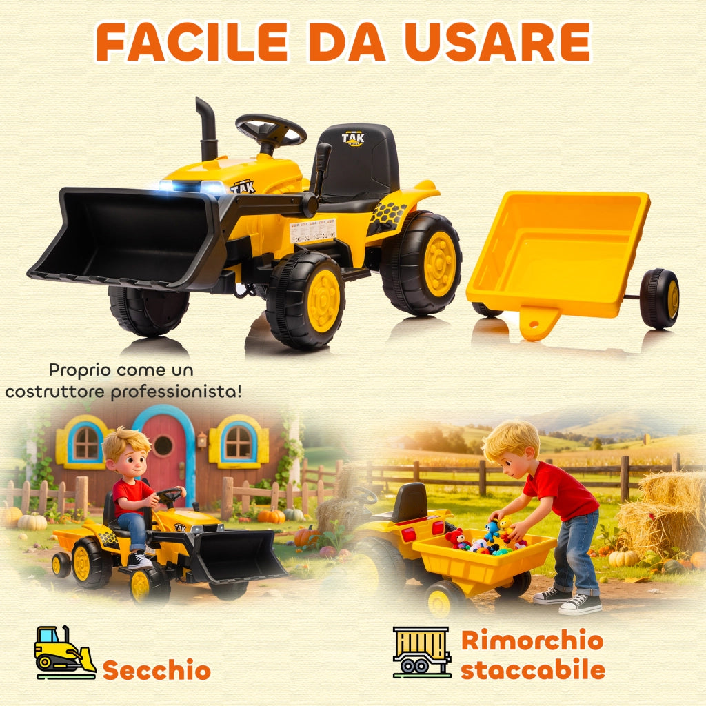 Escavatore per Bambini Elettrico 12V con Benna, Rimorchio e Telecomando, Et¨¤ 3-8 Anni, Giallo