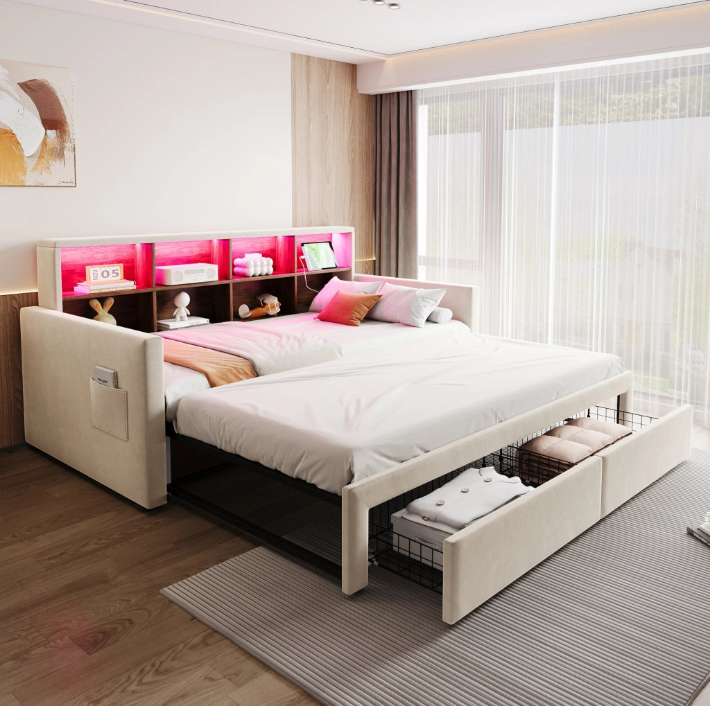 Letto imbottito estraibile 90x190/180x190 cm beige con LED