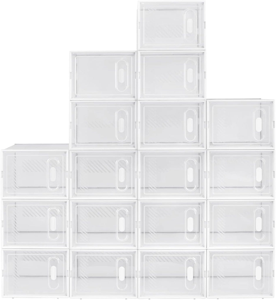 Set di 18 Scatole per Scarpe Contenitore Portascarpe Scarpiera Organizzatore Portaoggetti Impilabile Salvaspazio Coperchio Magnetico Plastica Trasparente Bianco 35x25x19cm