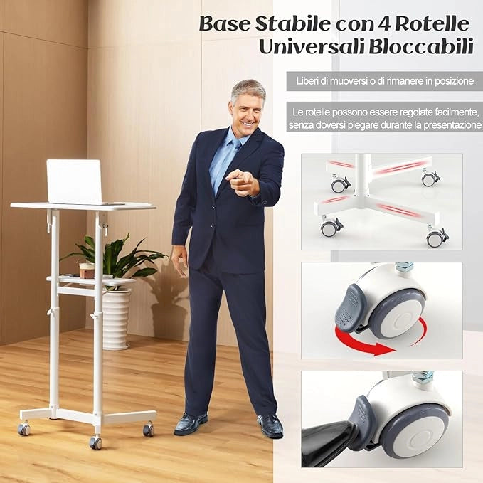 Podio per Conferenze, Pulpito Portatile per Laptop con Piano Inclinabile e Regolabile in Altezza, Vassoio Portaoggetti, Portabicchieri e Ruote Bloccabili (Bianco)