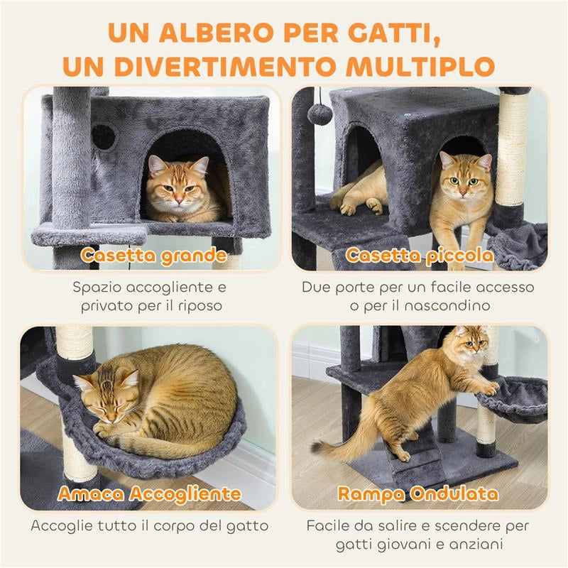 ALBERO PER GATTI ALTO 140 CM CON 2 CASETTE, LETTINO E AMACA PER 2-3 GATTI, RIVESTIMENTO PELUCHE, GRIGIO