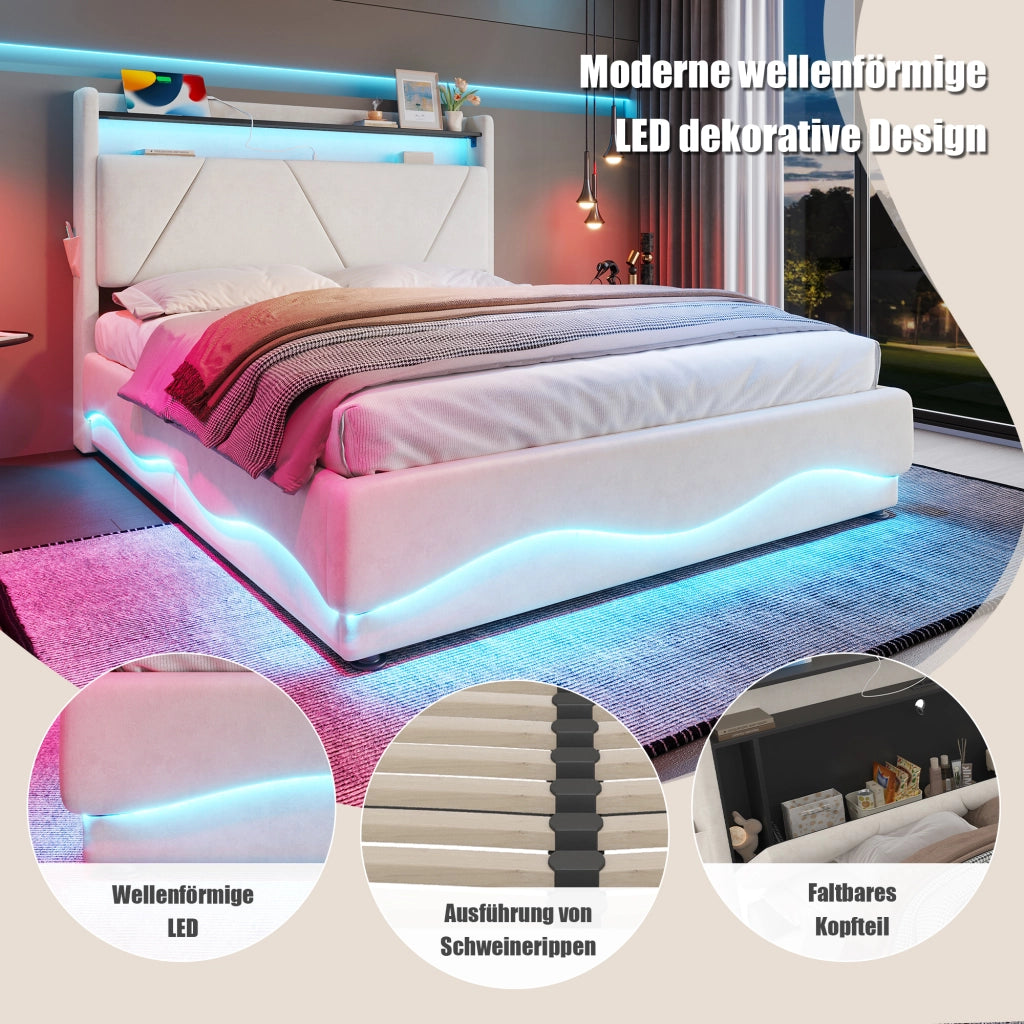 LETTO Contenitore 160x200 cm in velluto beige con LED, USB e tasche laterali
