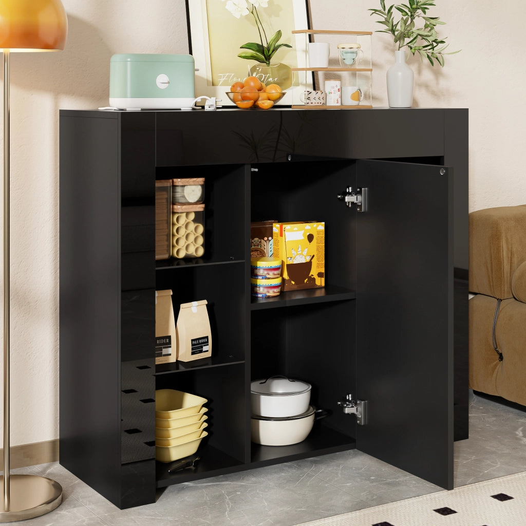 Credenza con 1 Anta e Ripiani in Vetro; Frontale Lucido; Stile Moderno; in Pannello Truciolare; 95??35??83 cm; Nero