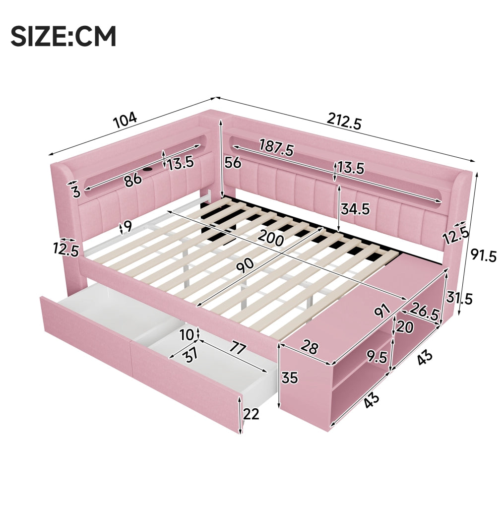 Letto imbottito 90x200 cm con USB; luce LED a 7 colori; 2 cassetti e scarpiera; rosa