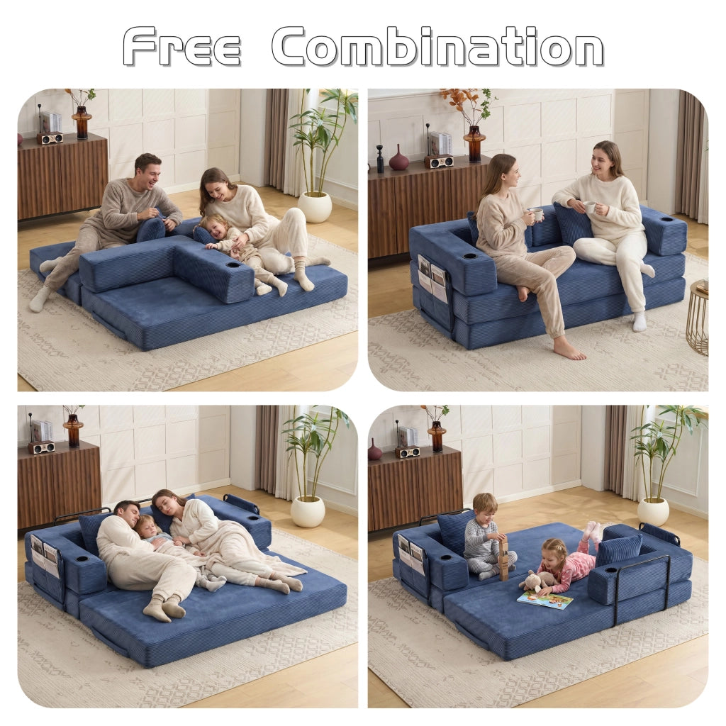 Divano letto pieghevole convertibile in velluto a coste con braccioli, tasche laterali e portabicchieri, blu scuro