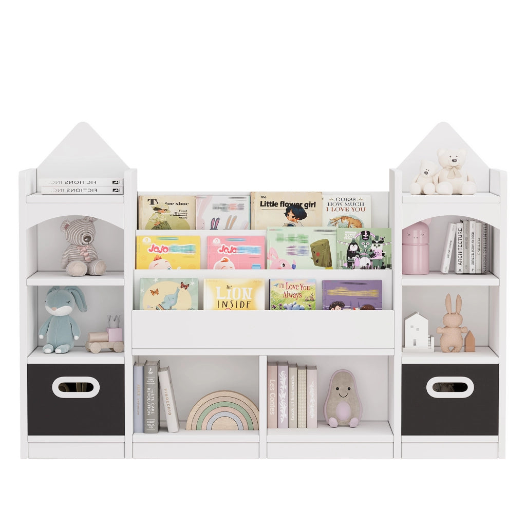 Libreria per bambini con 2 scatole pieghevoli, design a castello, bianco, MDF