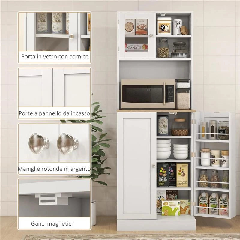 DISPENSA DA CUCINA PORTA MICROONDE CON RIPIANI APERTI E ARMADIETTO CON PORTASPEZIE 60X35X169 CM BIANCO