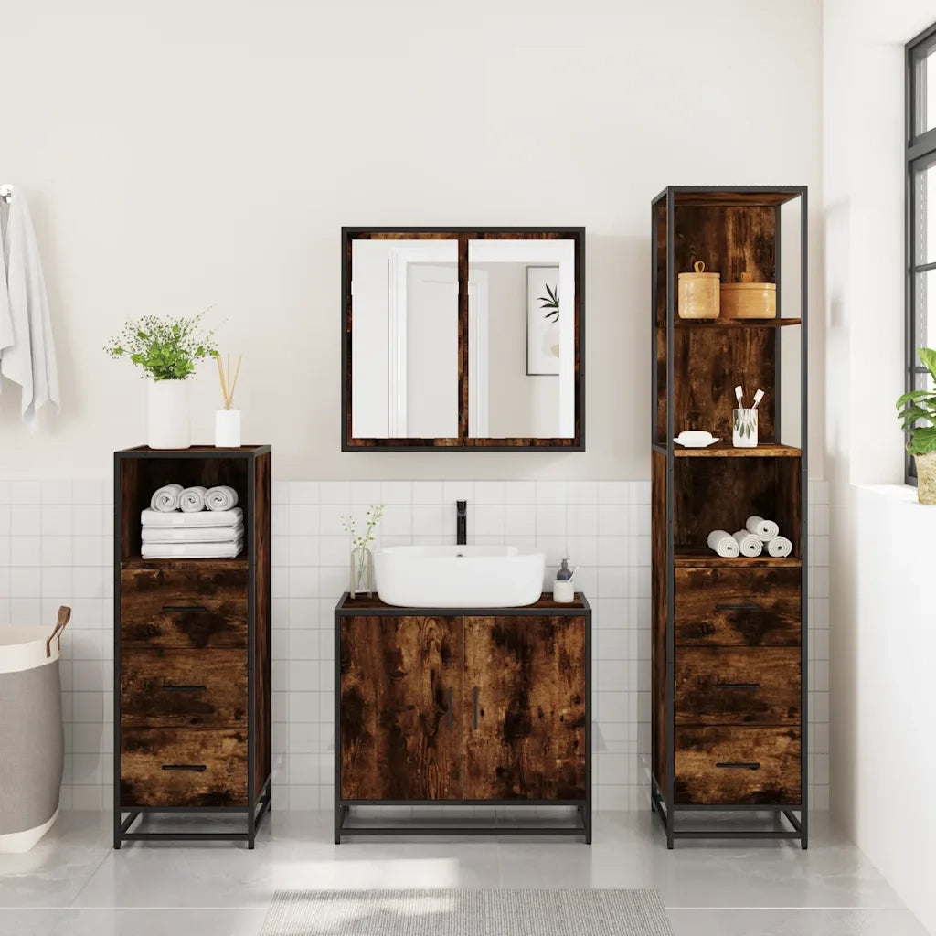 Set Mobili da Bagno 4 pz Rovere Fumo in Legno Multistrato