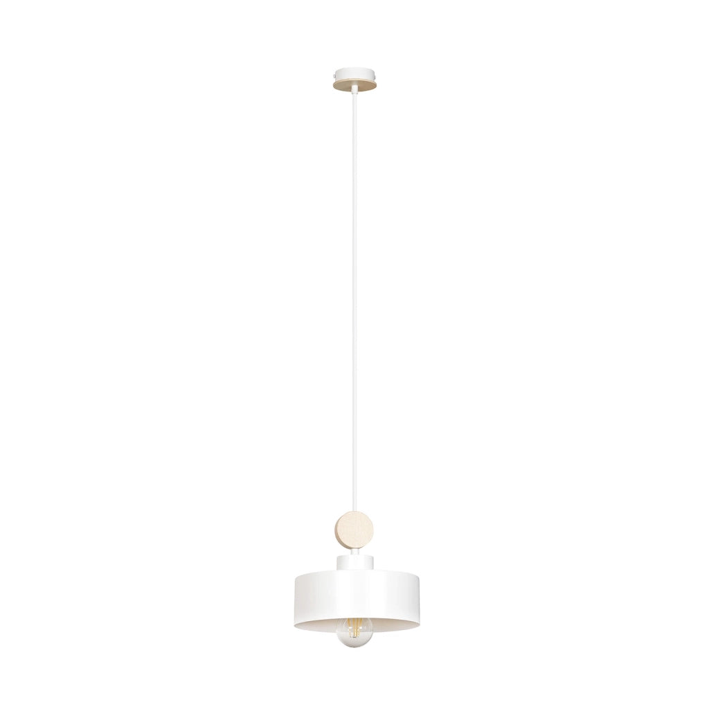 Sospensione 1 Luce Zhurong In Acciaio Bianco E Legno Naturale