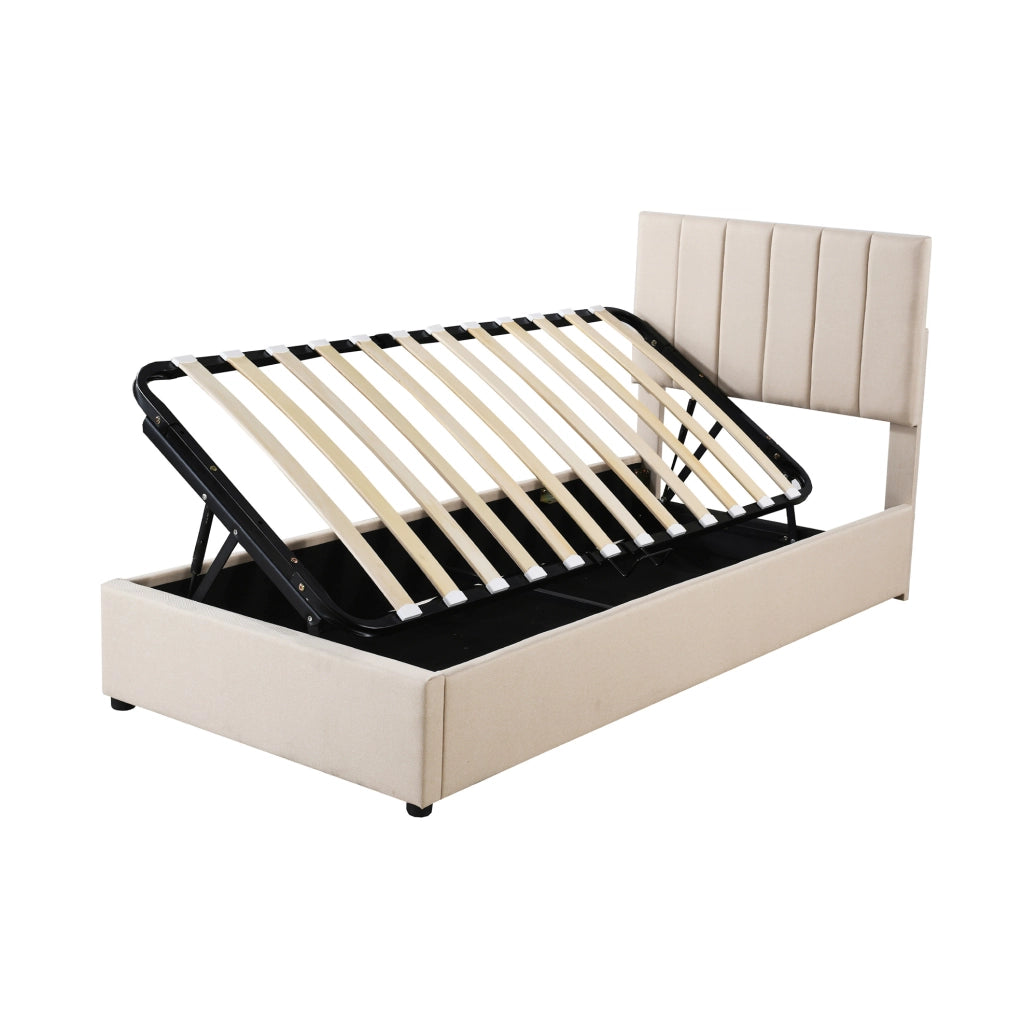 Letto imbottito per bambini 90x200 cm con contenitore idraulico; lino beige