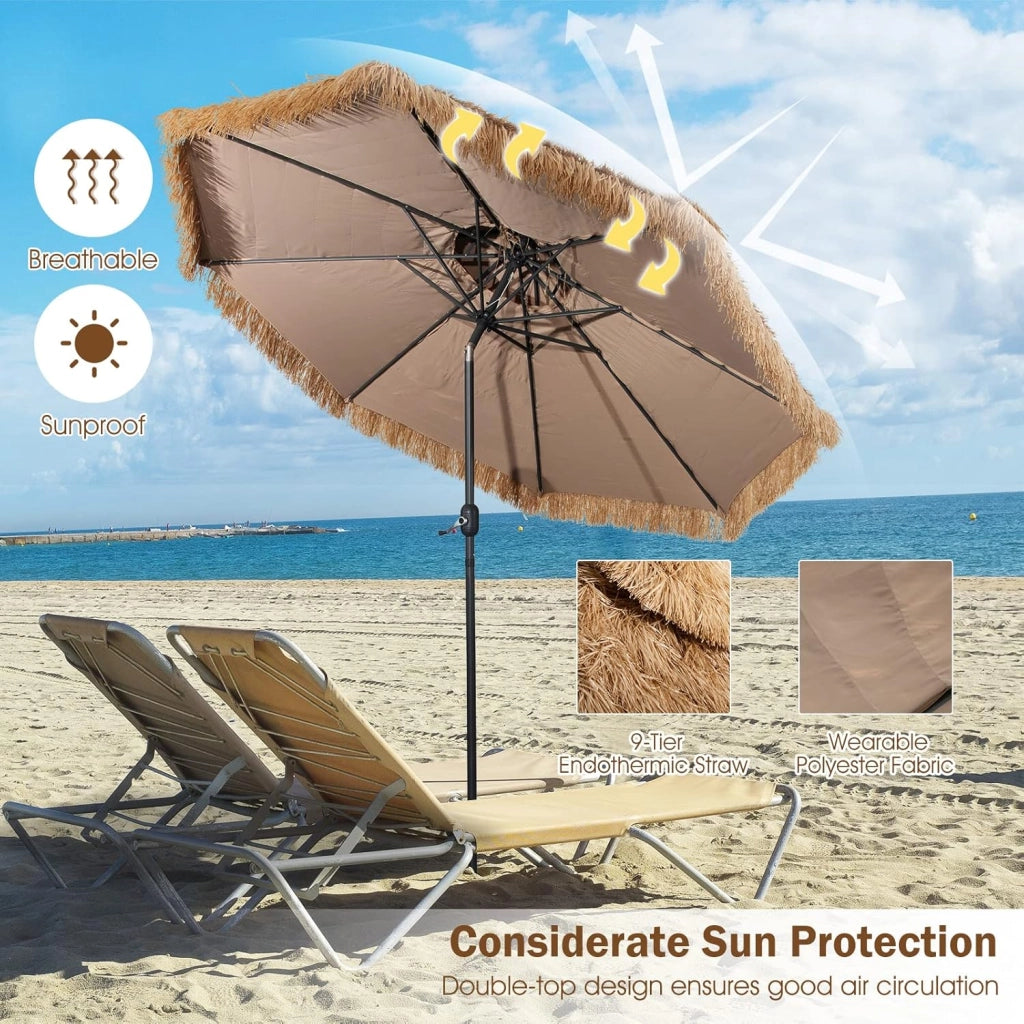 Ombrellone Spiaggia in Paglia Tropicale Hawaiano Pieghevole 300 cm, Parasole in Paglia, Parasole da Spiaggia con Doppio Tetto, Ombrellone per Giardino, Balcone, Giallo -Marrone, senza Base