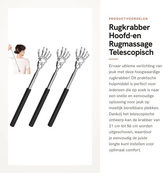 Rugkrabber Uitschuifbaar in Acciaio Inossidabile - Manubrio Antiscivolo - Estensibile da 21 cm a 56 cm - Leggero - Per Massaggio di Testa/Rovente - Krabber