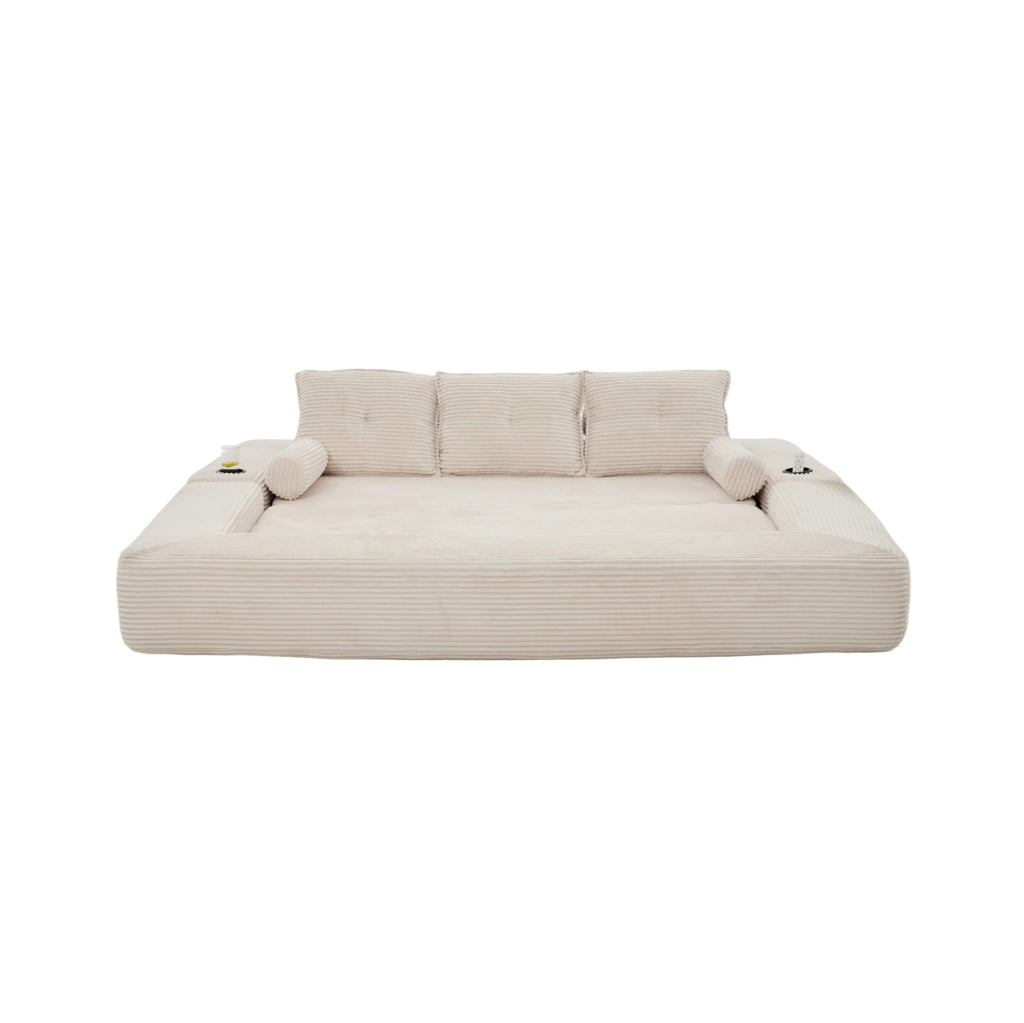 Divano letto 3 posti beige, pieghevole con tasche e portabicchiere, tessuto a coste