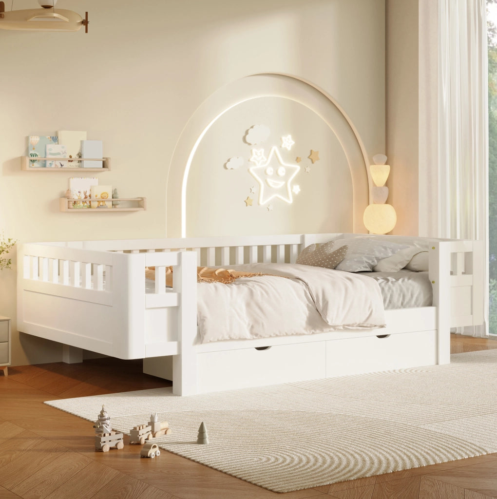 Letto a piattaforma per bambini 90x200 cm con sponde alte protettive e due ampi cassetti, bianco
