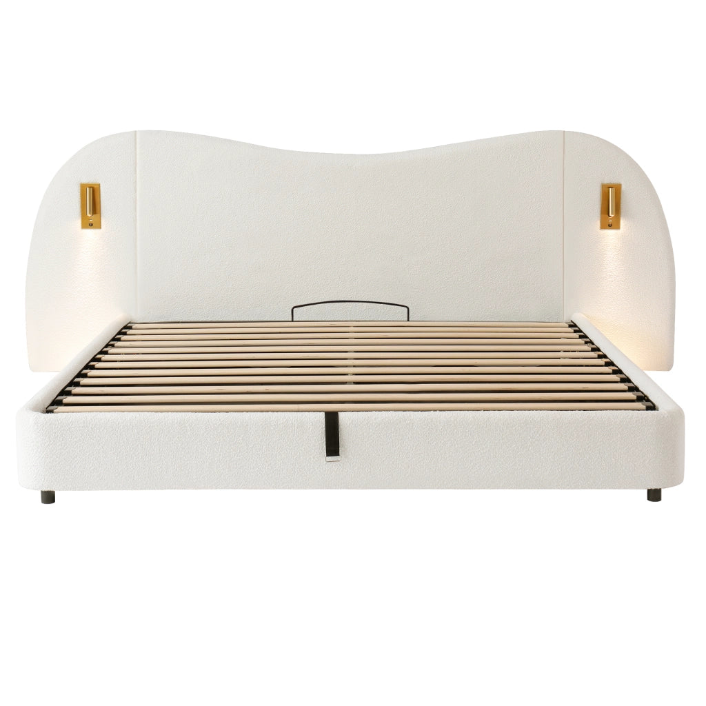 Letto Imbottito Contenitore Matrimoniale con USB ¨C MINIMAL ¨C Bianco Boucl¨¦ 180x200