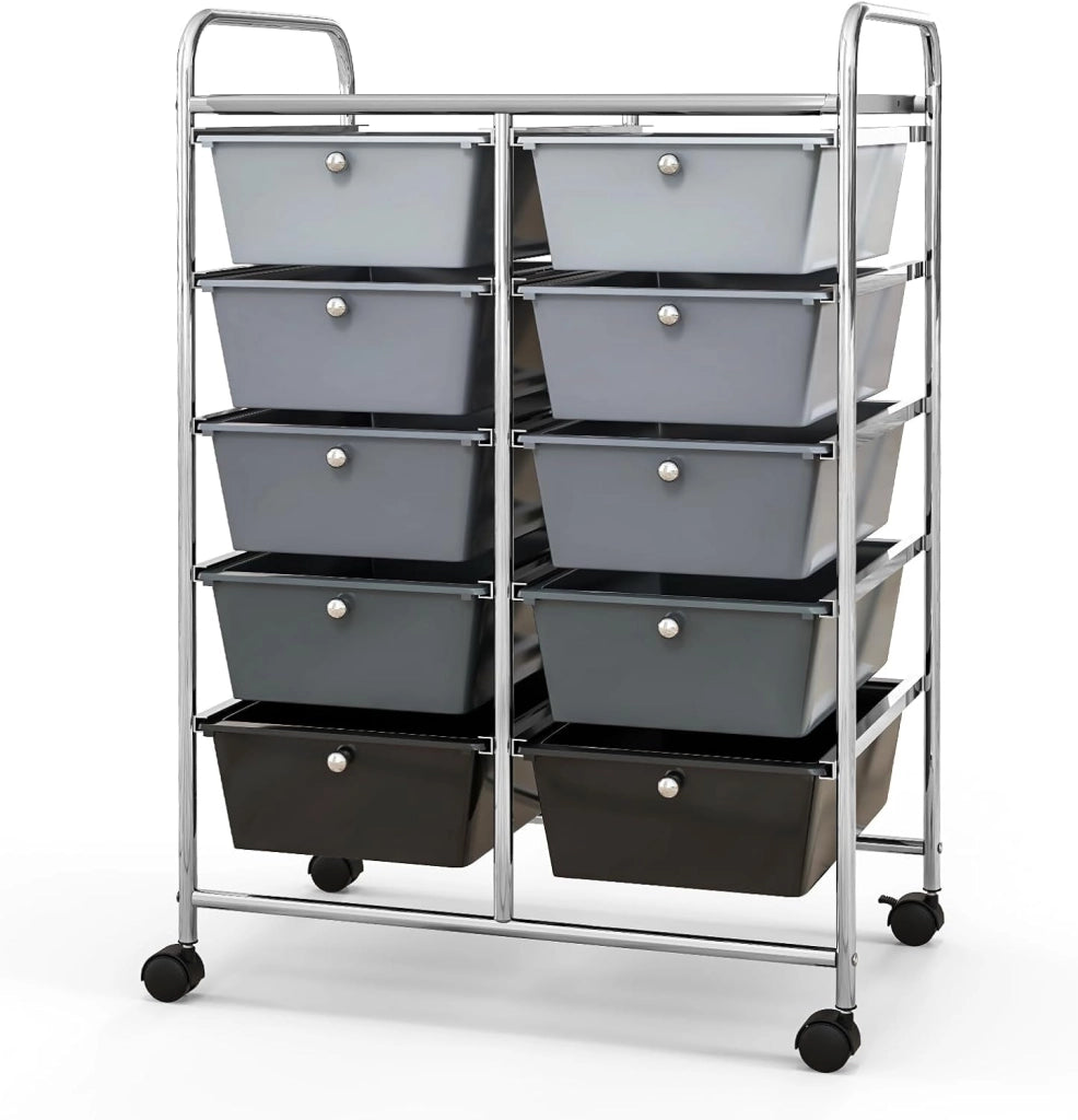 Carrello con 10 cassetti, impilabile, carrello per cassetti, carrello da cucina con ruote bloccabili, carrello per cucina, bagno, ufficio, 65,5 x 37 x 87 cm, grigio chiaro e nero