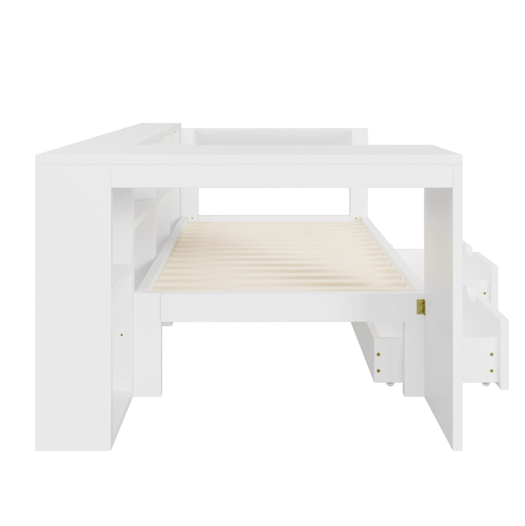 Letto a piattaforma 90x200 cm con testiera imbottita; vani contenitore; cassetti; LED e ricarica; bianco