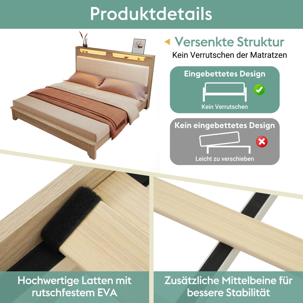 LETTO Matrimoniale 140x200 cm con panca contenitore LED Legno e Cord Beige