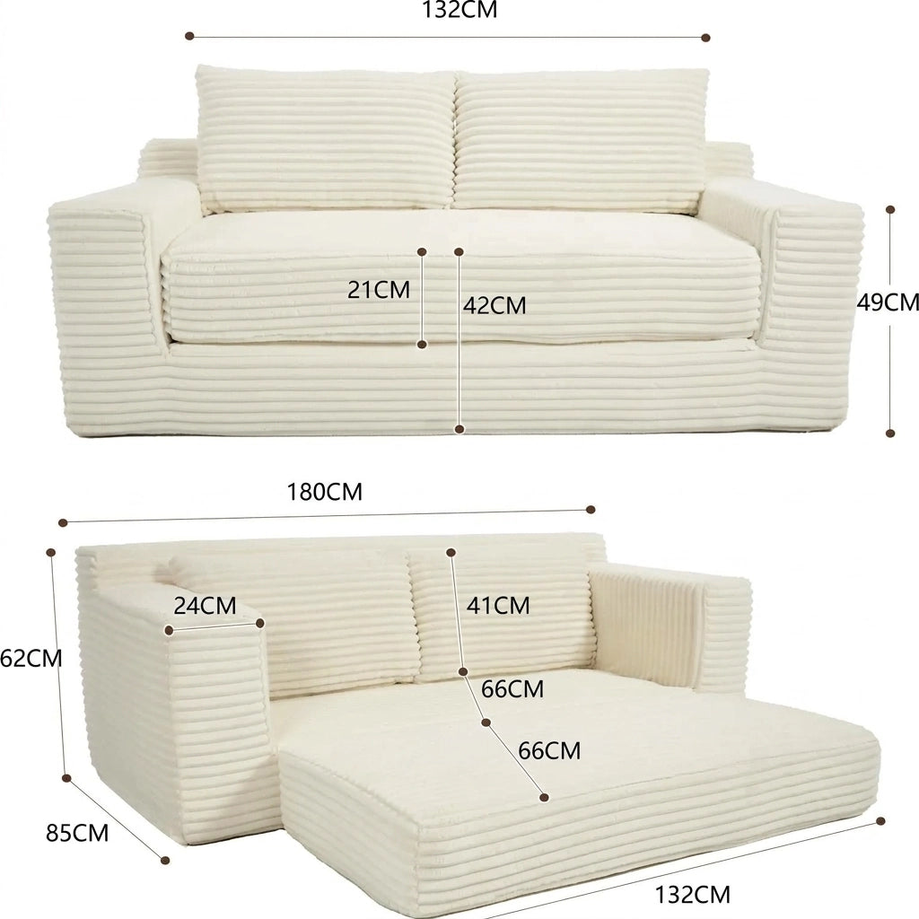 Divano 2 posti bianco trasformabile 2 in 1 in tessuto a coste con memory foam