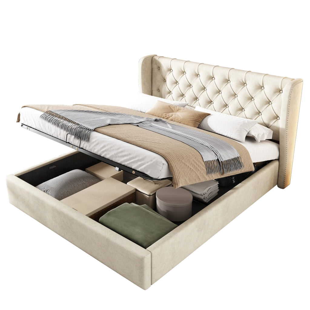 Letto Contenitore 180×200 cm; Letto Matrimoniale con Vano Idraulico; senza Materasso; Testiera Alta; Velluto Beige