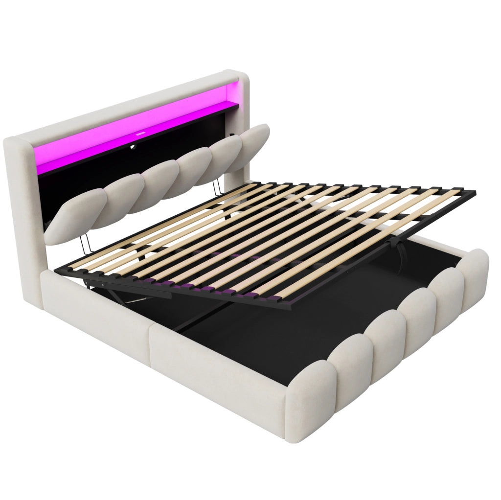Letto imbottito 180x200 cm con contenitore; LED e USB in velluto beige