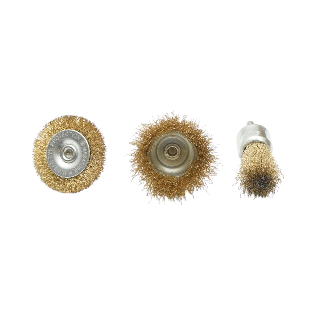 Set di 3 spazzole circolari in filo metallico: diametro 50 mm (coppa 50 mm, spazzola 25 mm, asta 6 mm), velocità massima 4500 giri/min. Breckner Germany