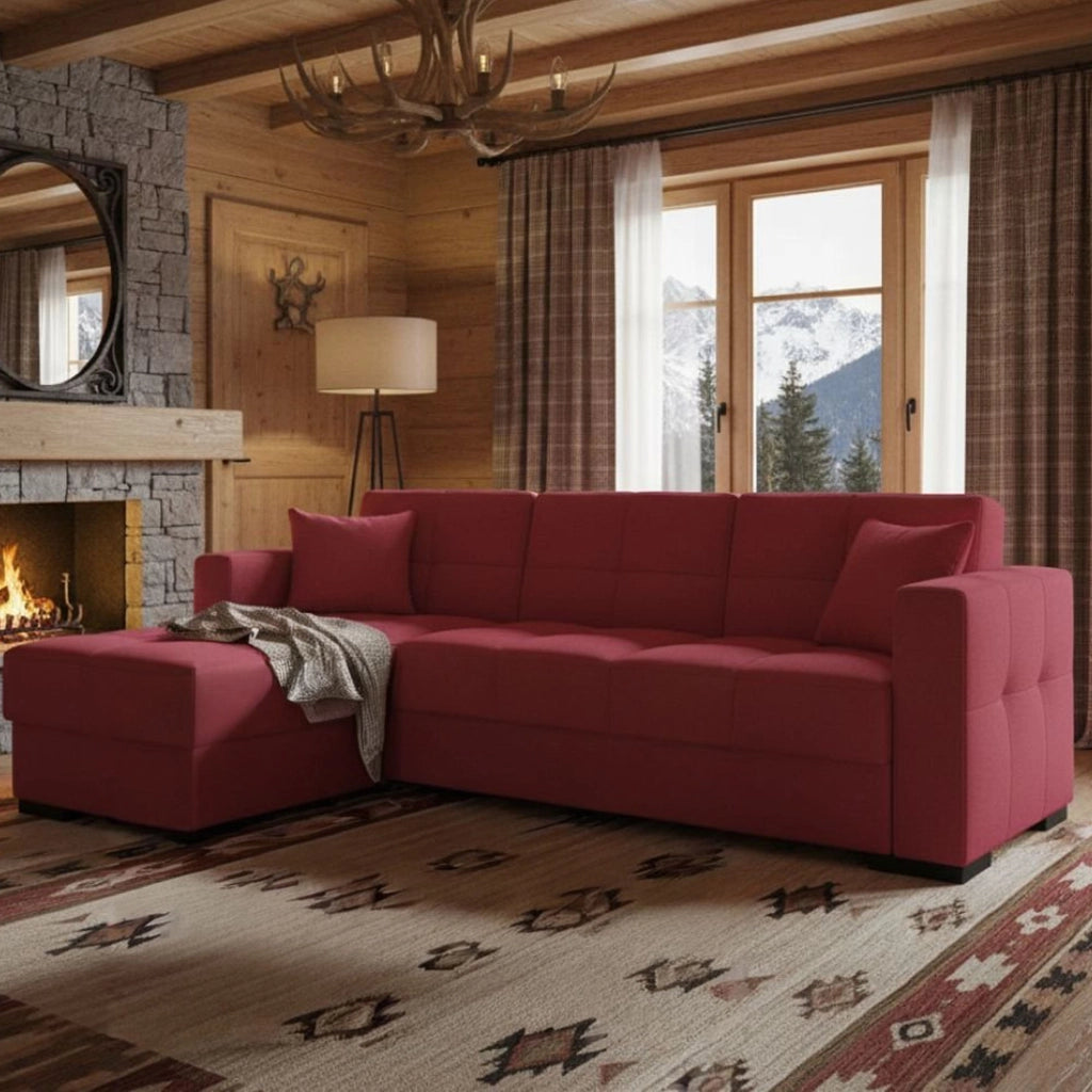 Divano letto Armadillo, Divano letto ad angolo con penisola reversibile, Sofà\  contenitore da soggiorno con chaislongue e 2 cuscini, Cm 230x150h81, Rosso