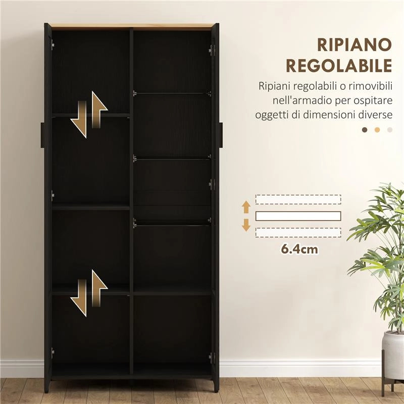 MOBILE DISPENSA CUCINA IN LEGNO A 9 RIPIANI REGOLABILI CON ANTE IN VETRO 76X36X160 CM NERO E COLOR LEGNO