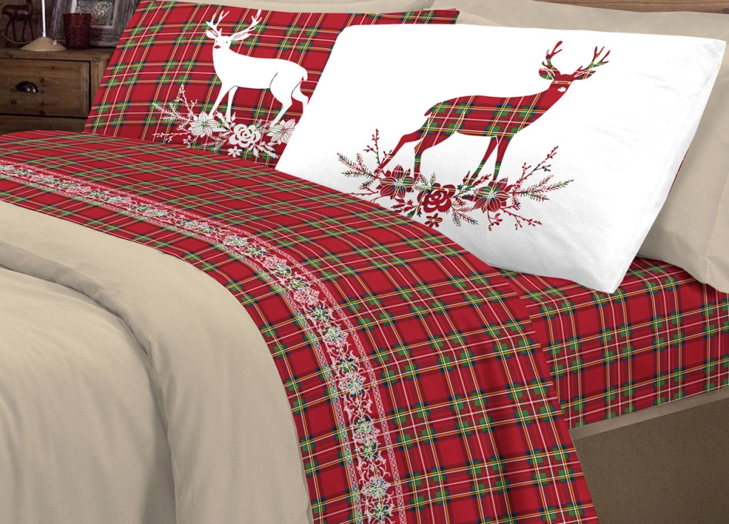 Completo Lenzuola Linea Pensieri Delicati 100% Cotone Disegno Cervo Tartan - Singolo - Rosso