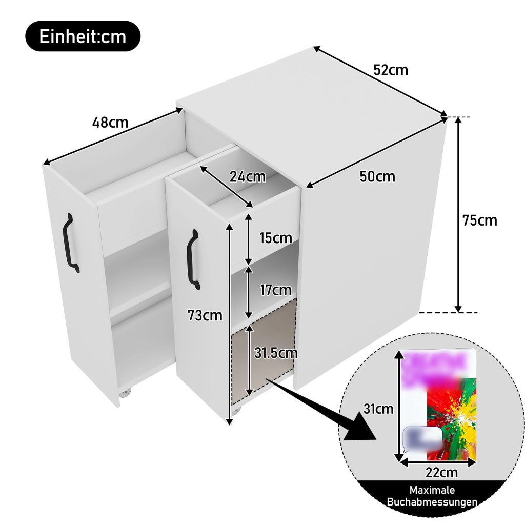 Libreria mobile con 1 cassetto e 2 ripiani, reversibile, con ruote, per soggiorno e bagno, bianco, 52 × 50 × 75 cm