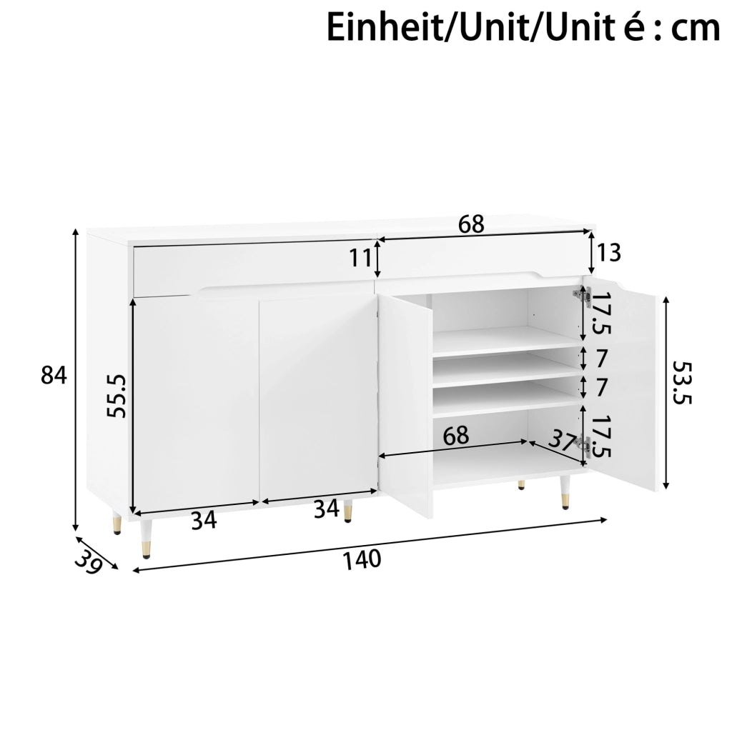 Scarpiera 140x39x84 cm con 2 ante; 2 cassetti e ripiani regolabili in pannello truciolare bianco e oro