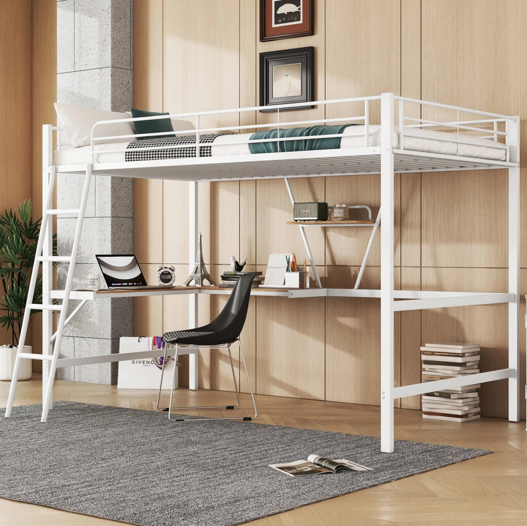 Letto a soppalco con scrivania a L e mensola, bianco, 90 x 200 cm