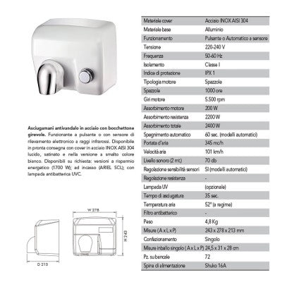 Asciugamani elettrico con pulsante 2400W in acciaio bianco