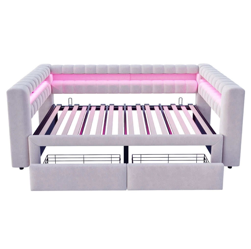Divano letto ULEVR 90x190/180x190 cm estraibile con 2 cassetti, LED, USB e Type-C, velluto grigio chiaro