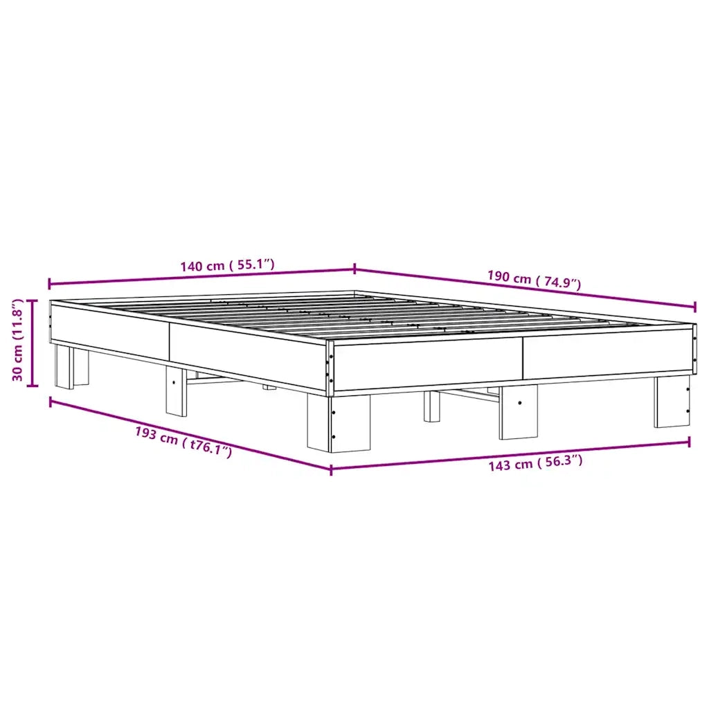 Letto matrimoniale | Letto per adulti | Giroletto Rovere Fumo 140x190 cm in Legno Multistrato Metallo